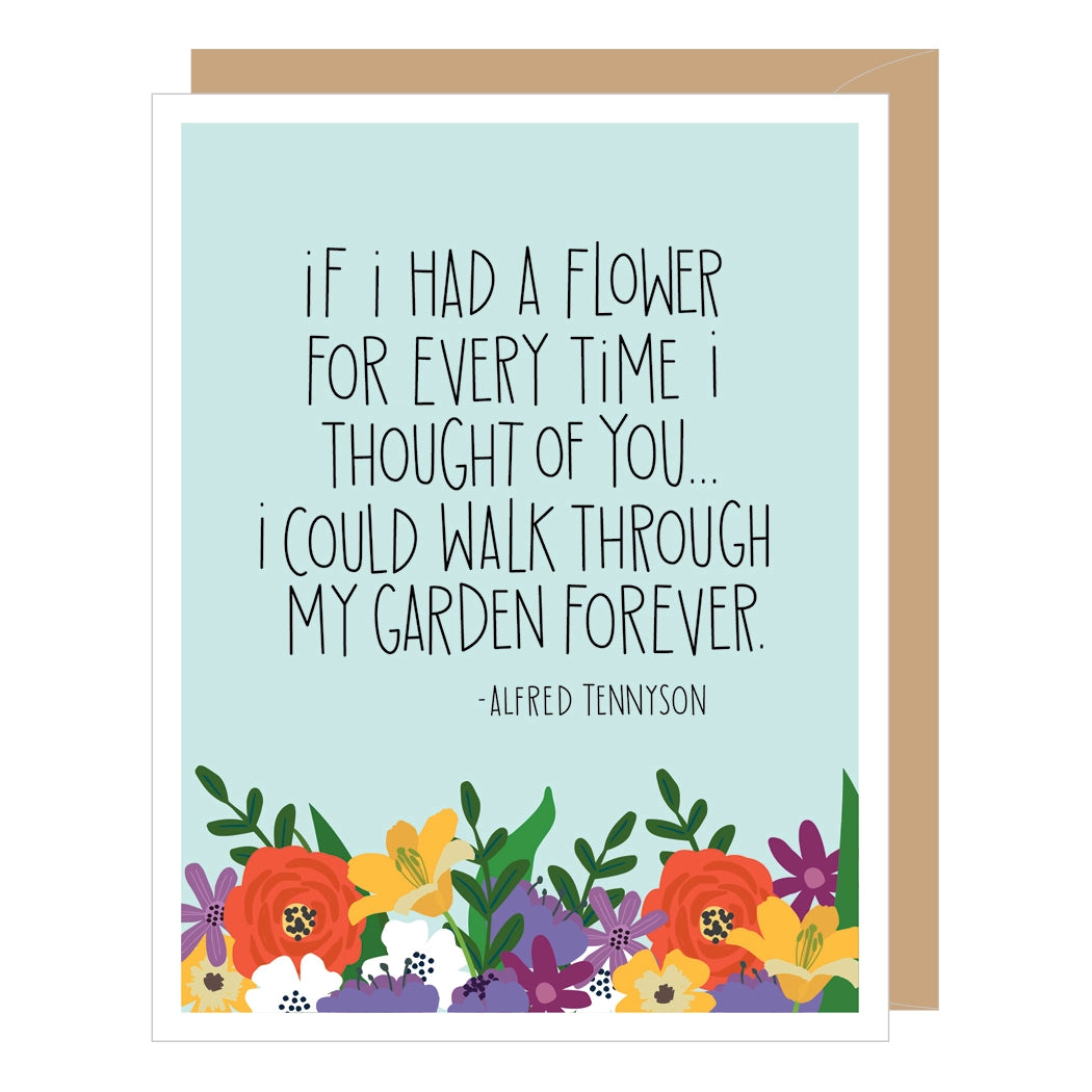 Greeting card with floral design and romantic quote on a light blue background