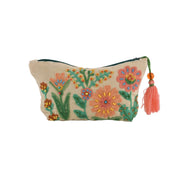 Embroidered pouch with floral design and tassel on a white background