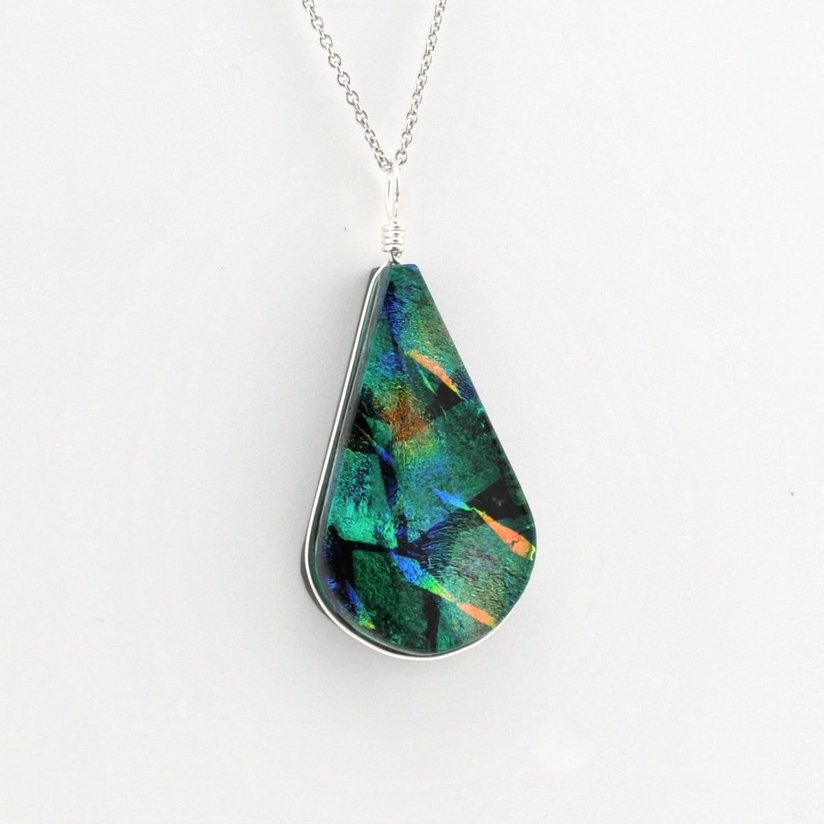 Alternate Dichroic Glass Rainbow Green Tear Drop Pendant