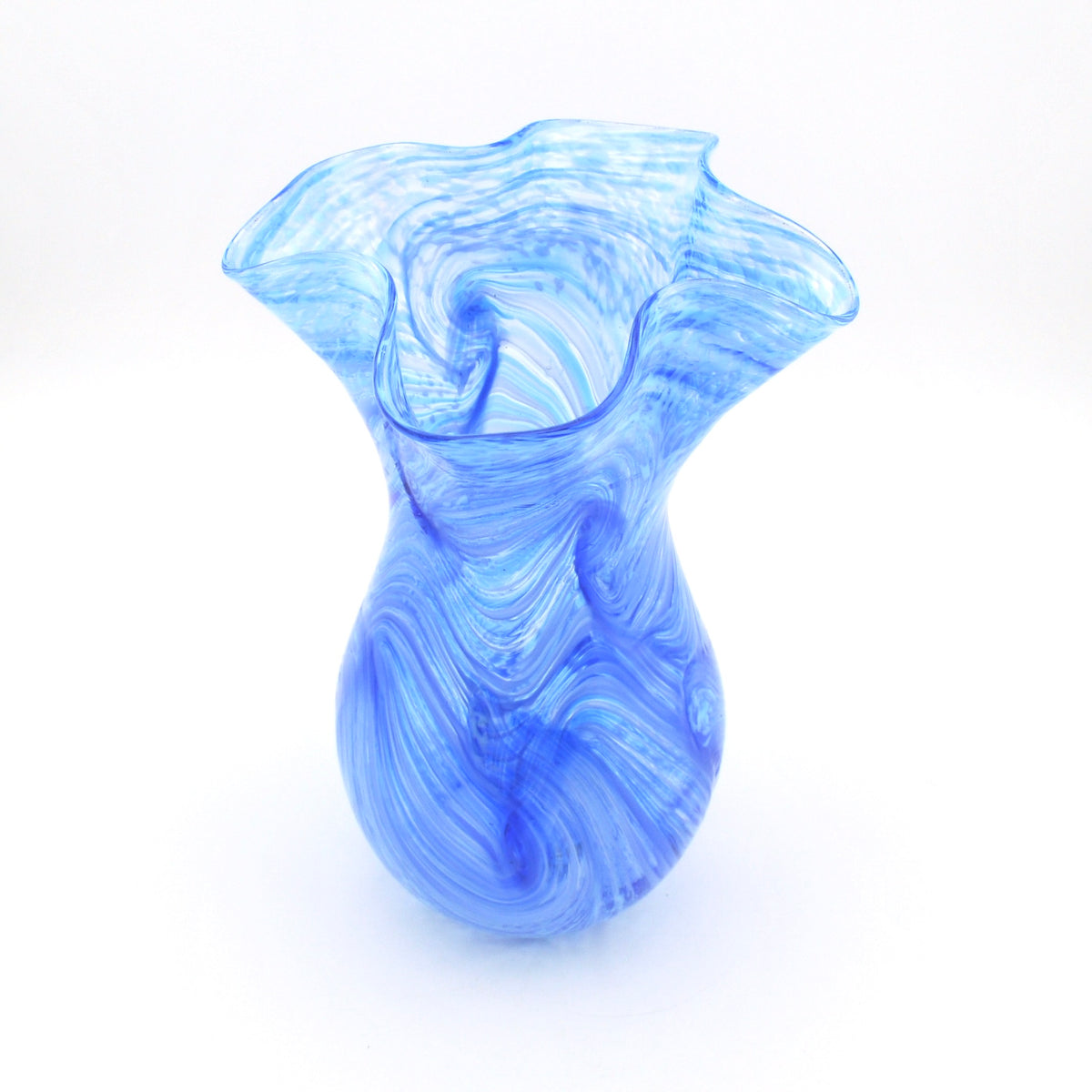 A blue and white marbled glass vase with a flared rim, photographed on a clean white background.
