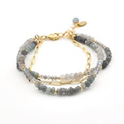 A double-strand beaded bracelet with gray and blue-green labradorite beads, gold spacer beads, a gold paperclip chain, and a gold lobster clasp, shown on a white background.