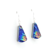 Alternate Silver Dichroic Glass Blue Rainbow Fan Dangle Earrings