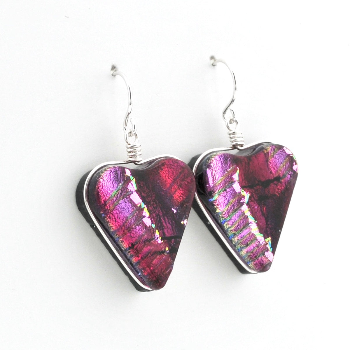 Alternate Silver Dichroic Glass Cranberry Red Heart Earrings