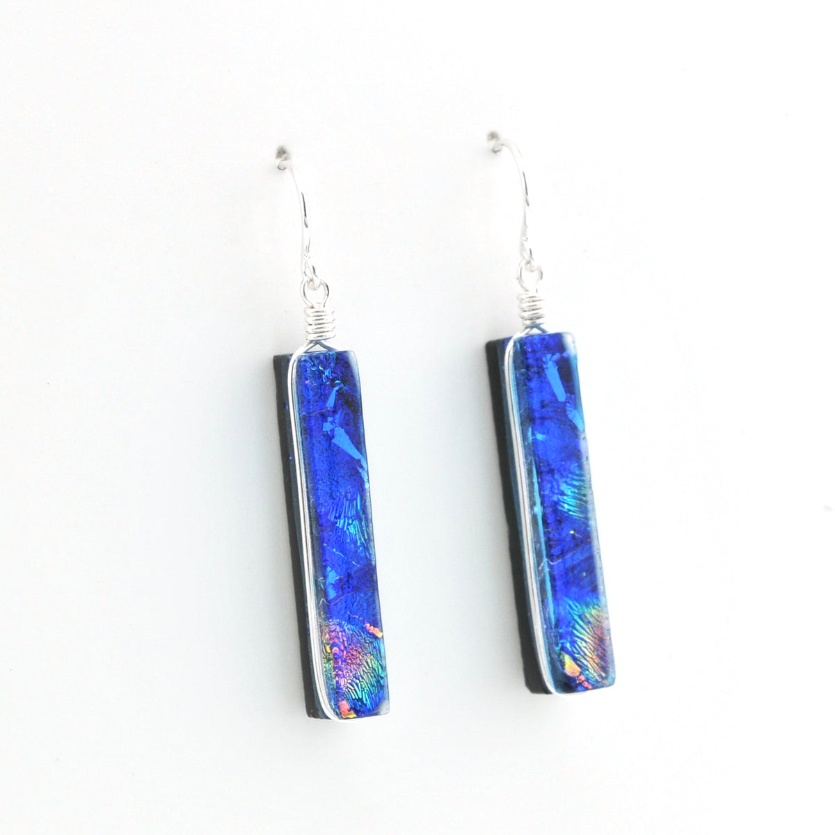Alternate Silver Dichroic Glass Rainbow Blue Rectangle Earrings