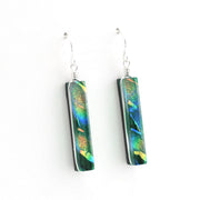 Alternate Silver Dichroic Glass Rainbow Green Rectangle Earrings