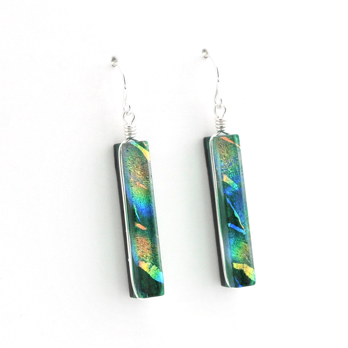 Alternate Silver Dichroic Glass Rainbow Green Rectangle Earrings