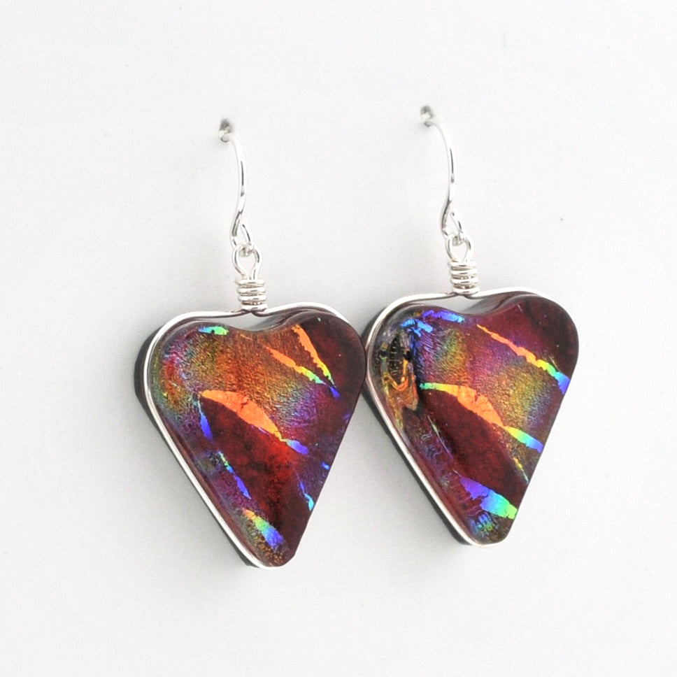 Alternate Silver Dichroic Glass Rainbow Red Heart Earrings