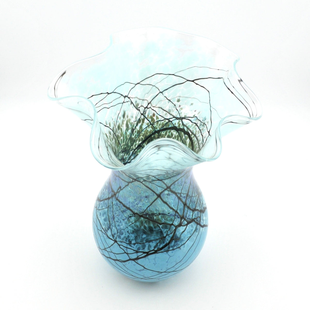 A light blue glass vase with a flared, ruffled rim and a rounded base, decorated with dark brown branch-like lines and green leaf details, set against a plain white background.