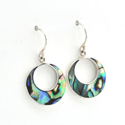 A pair of silver-toned hoop earrings with iridescent abalone shell inlays, displayed on a clean white background.