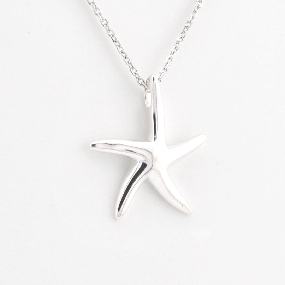 A polished silver starfish pendant necklace on a delicate silver chain, set against a clean white background.