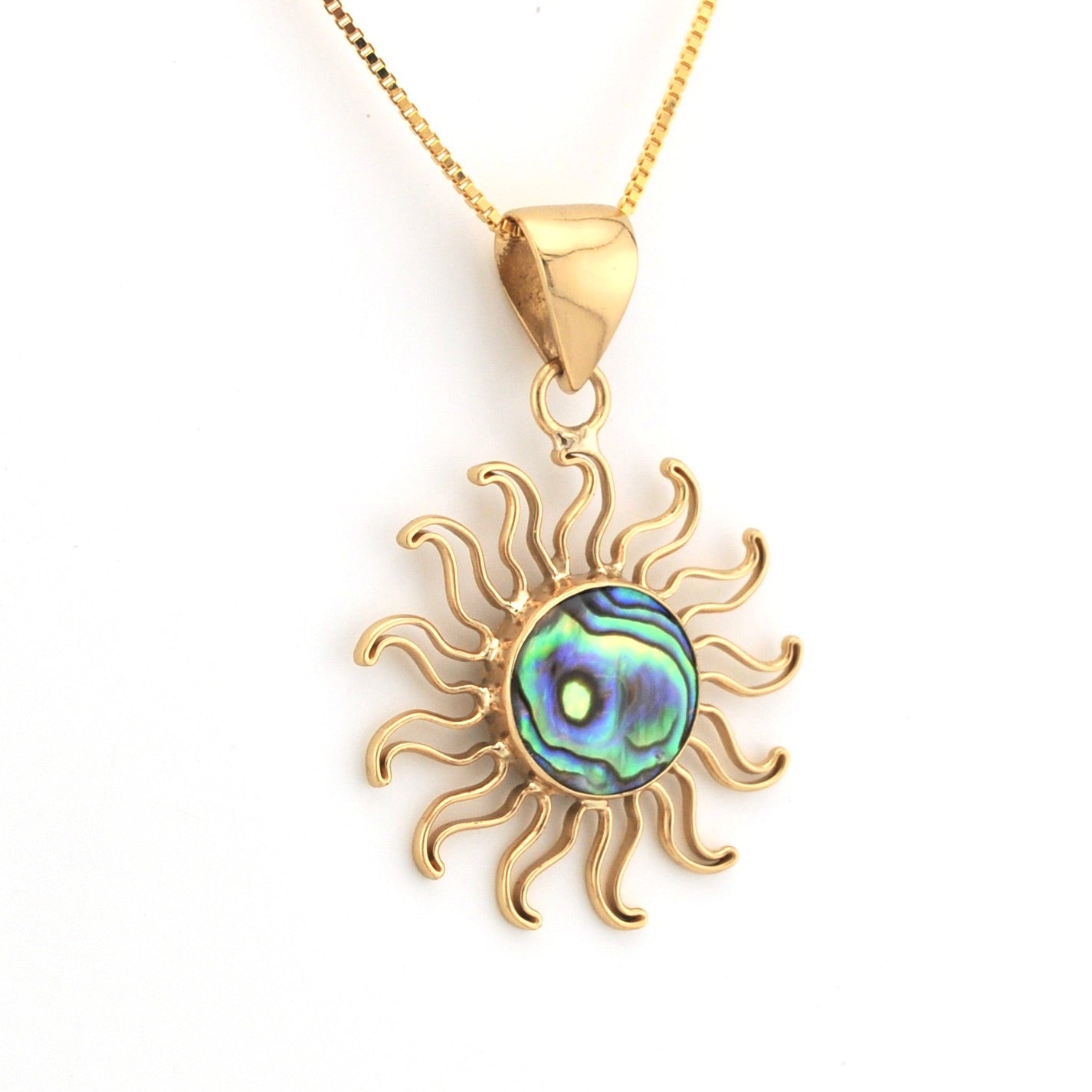 Gold sun-shaped pendant with a colorful center on a white background