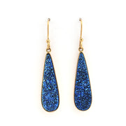 Blue teardrop earrings with gold hooks on a white background
