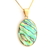 Gold necklace with an abalone shell pendant on a white background