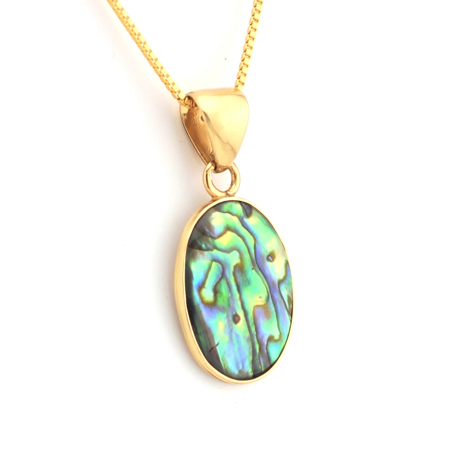 Gold pendant with a colorful stone on a white background