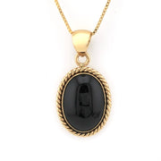 Gold necklace with a black pendant on a white background