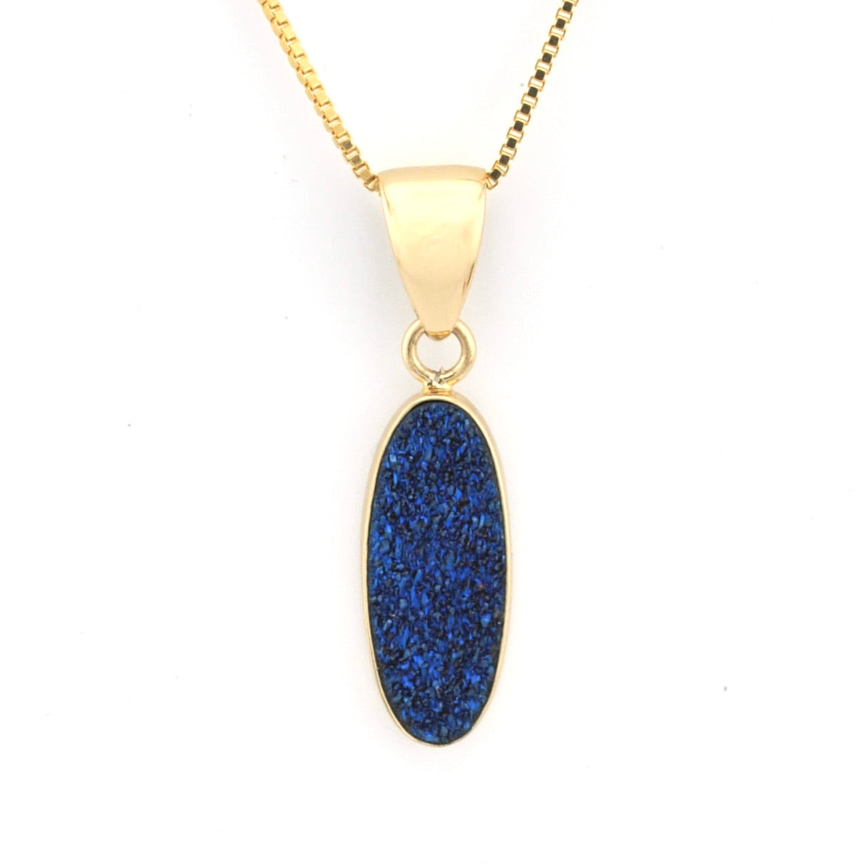 Gold necklace with a blue pendant on a white background