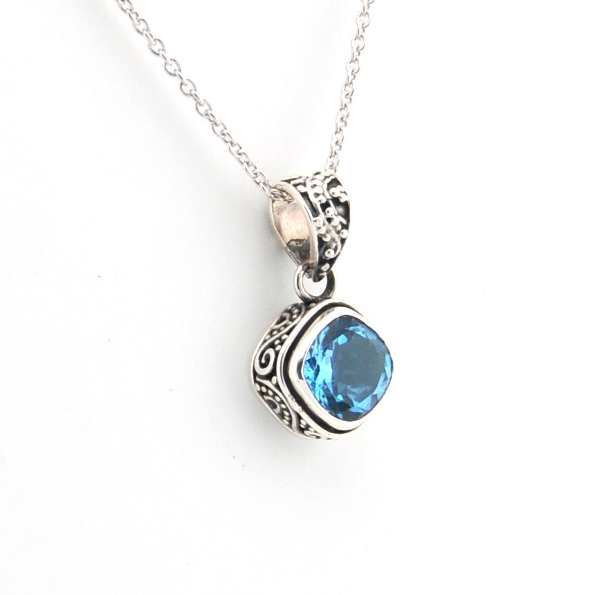Alternate View Blue Topaz 8mm Offset Square Bali Necklace