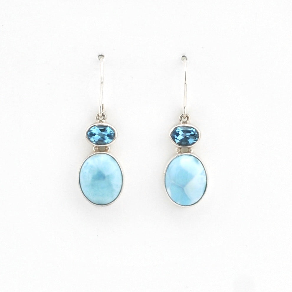 Pair of earrings with blue stones on a white background