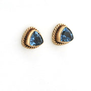 Pair of gold earrings with blue gemstones on a white background