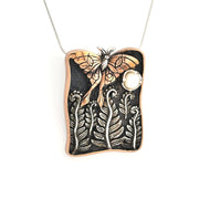 Necklace with a butterfly and leaf design pendant on a white background