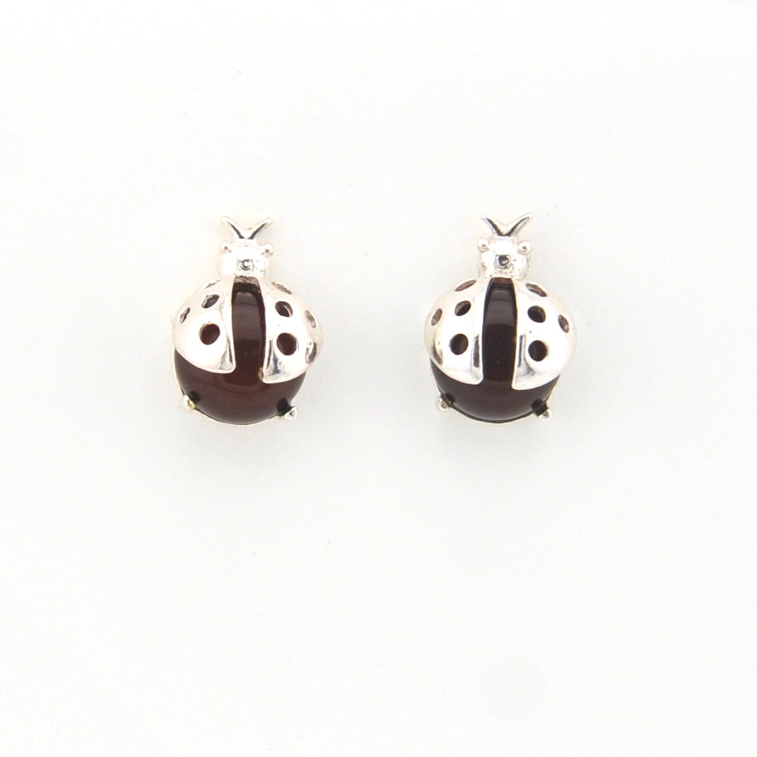 Pair of ladybug-shaped earrings on a white background