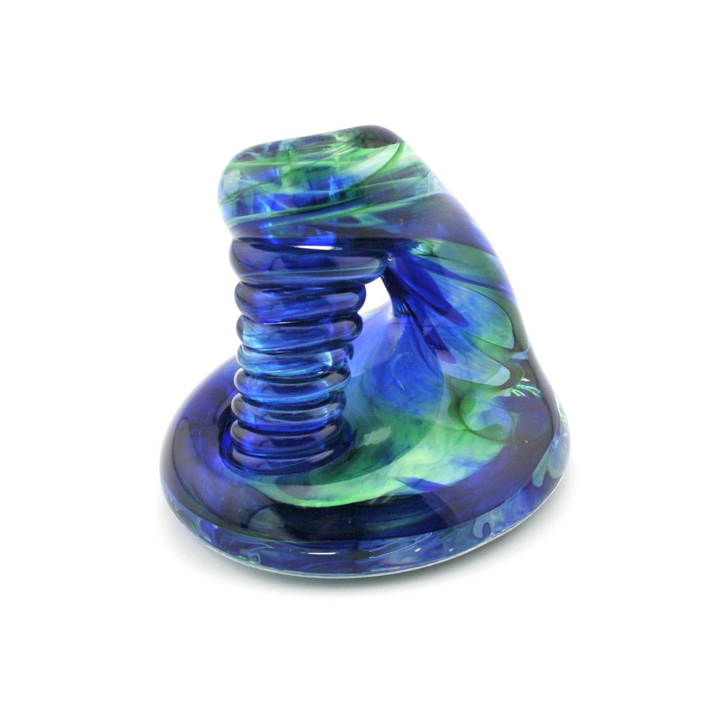 Blue and green glass object on a white background