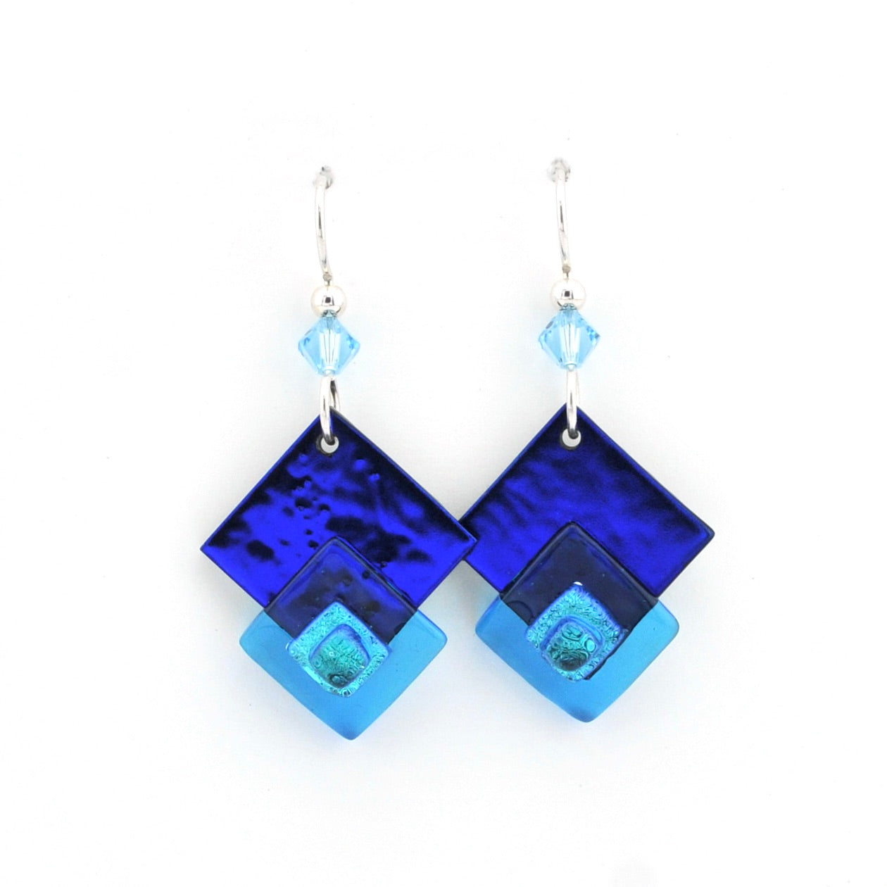 Blue square-shaped earrings with a white background