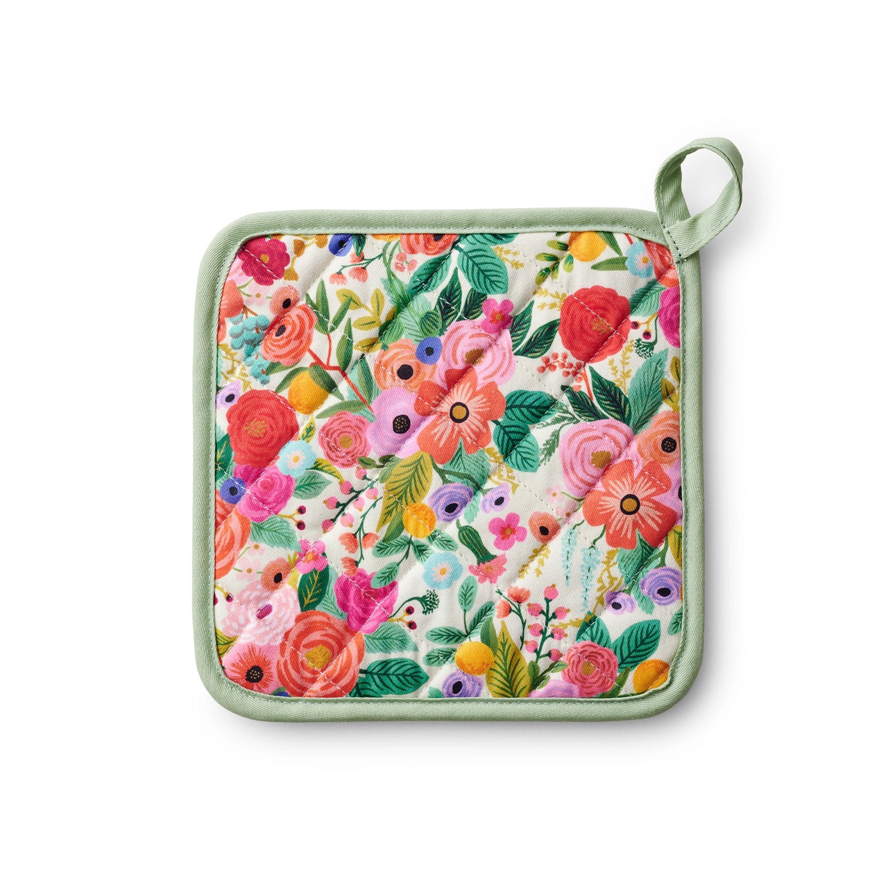 Floral patterned pot holder with green border on a white background
