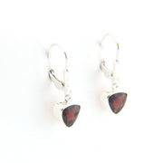 Pair of silver earrings with red gemstones on a white background