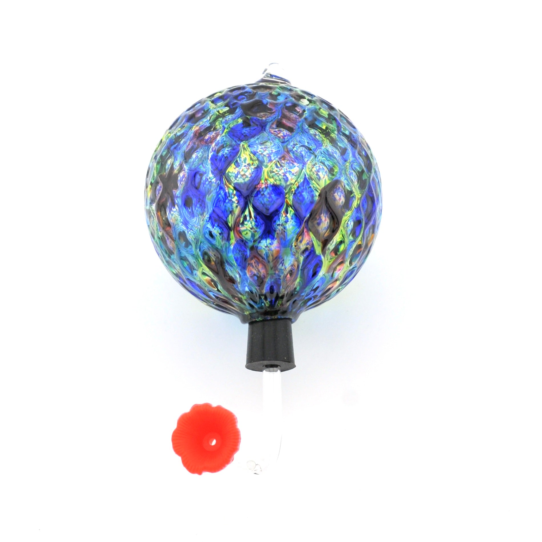 Decorative glass ball with colorful patterns on a white background