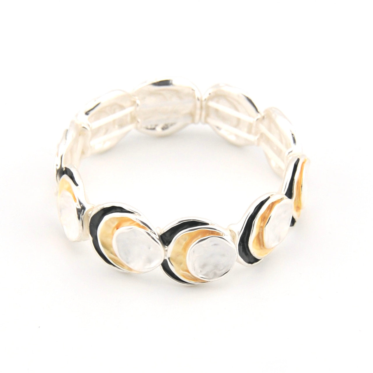 Bracelet with black, gold, and white circular patterns on a white background