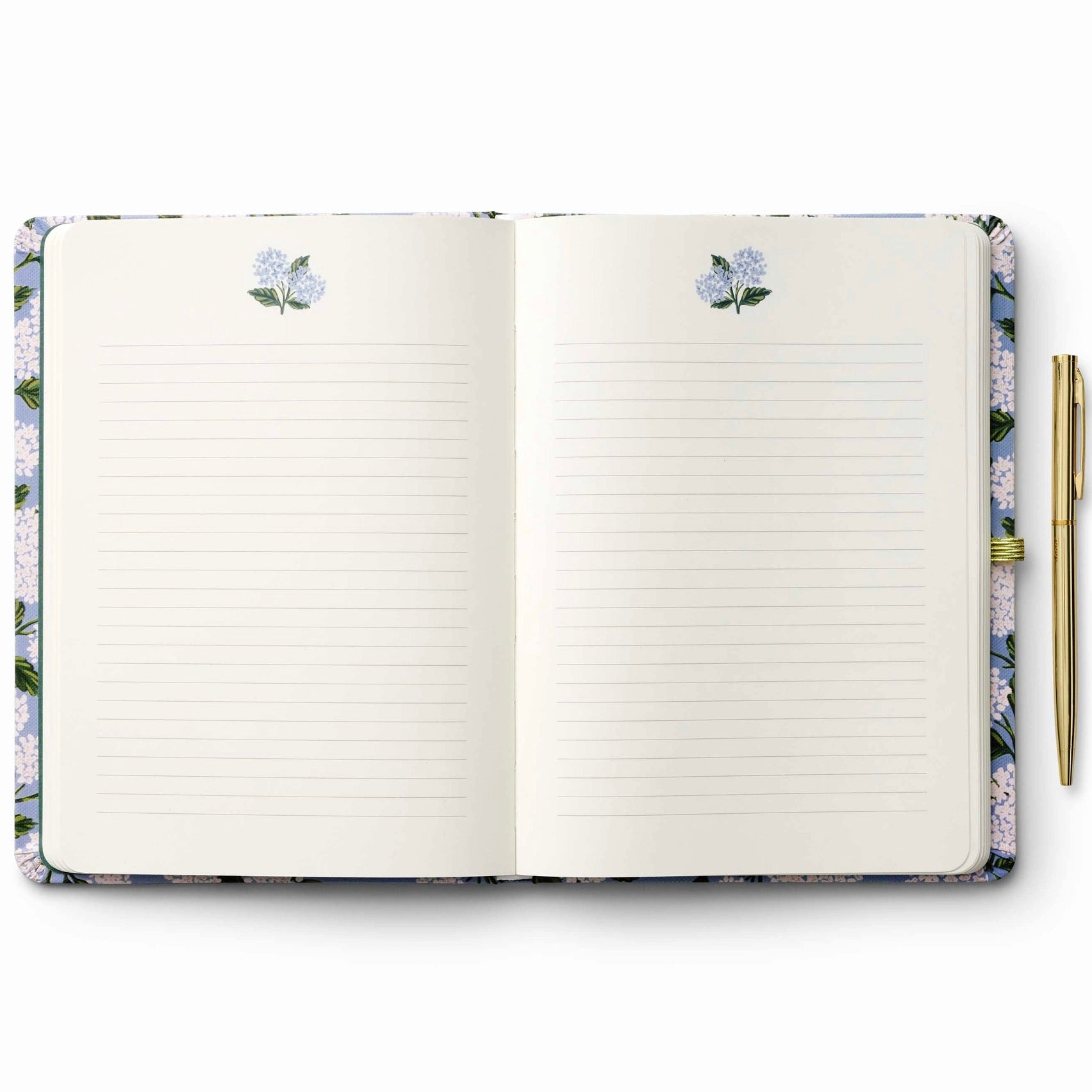 Open notebook with floral design on the cover and pen holder, on a white background