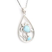 Teardrop-shaped silver pendant with a light blue stone on a white background