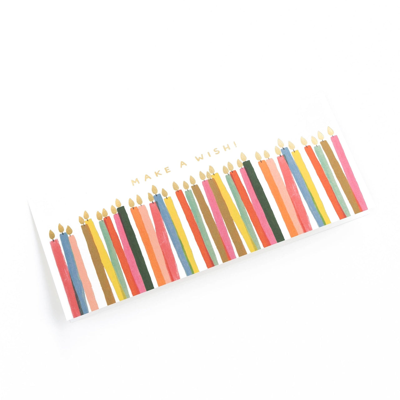 Greeting card with colorful candles design and 'Make a Wish!' text on a white background