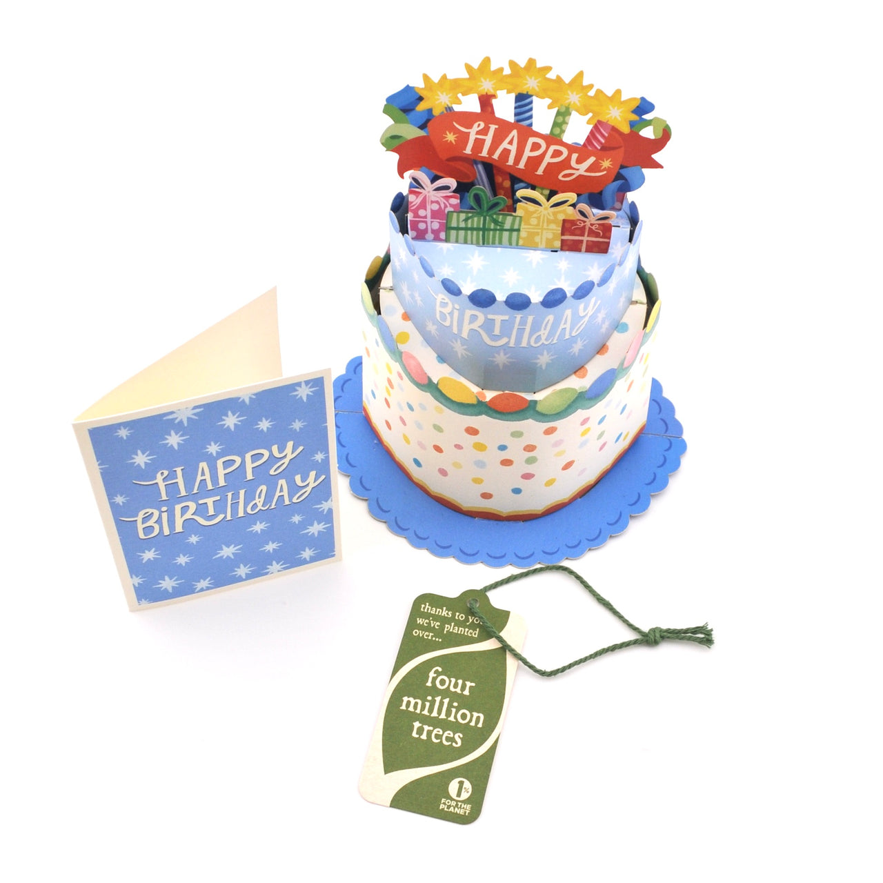 Colorful birthday cake card with a blue envelope and 'Happy Birthday' tag on a white background