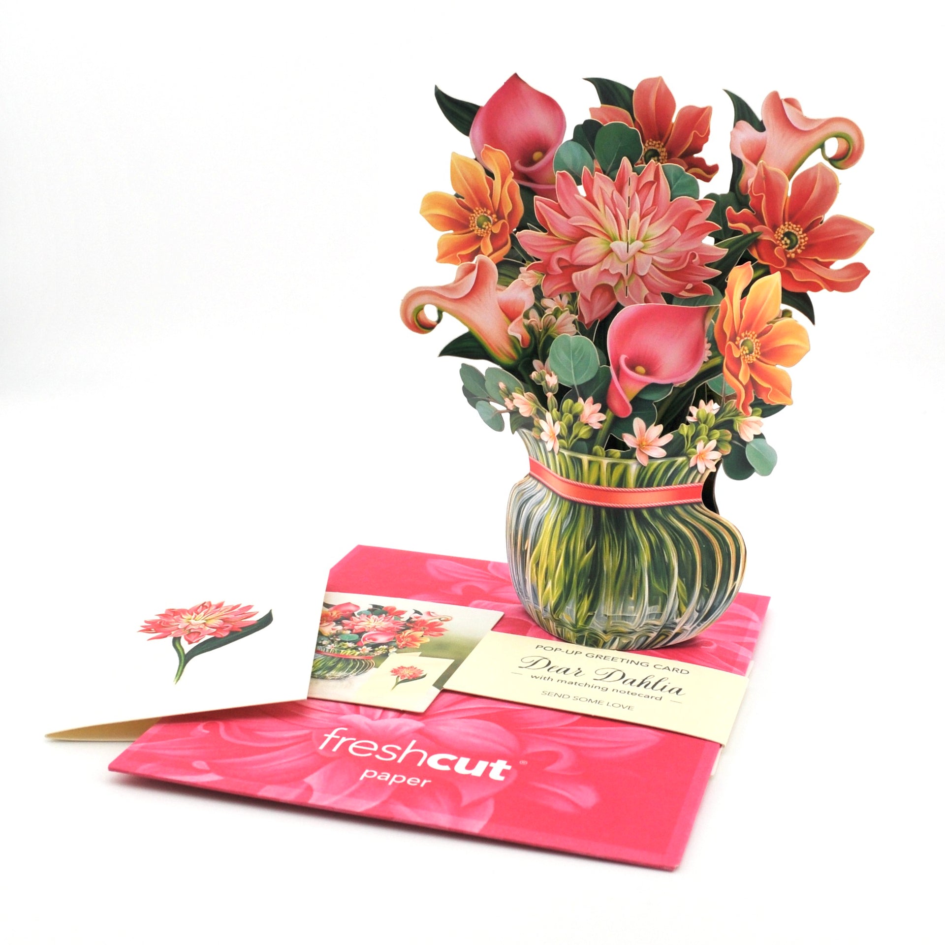 Bouquet of flowers in a glass vase with a pink ribbon, placed on a pink card with 'fresh cut paper' branding.