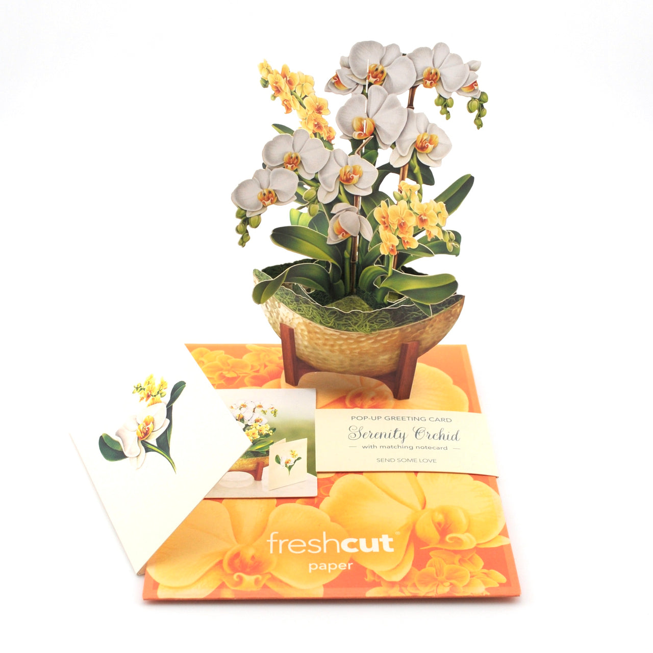 Faux orchid plant in a decorative pot with 'fresh cut paper' packaging on a white background