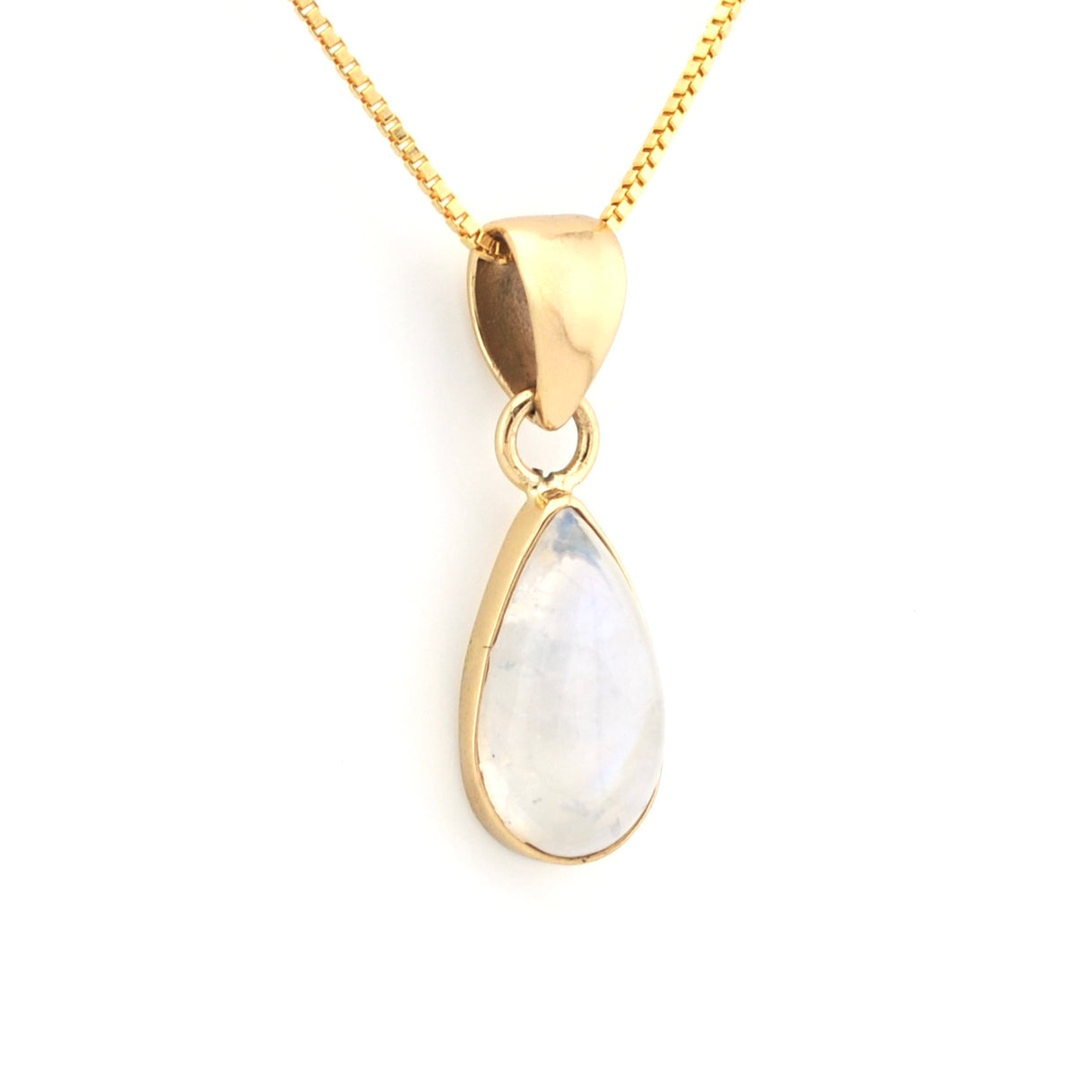 A gold pendant necklace featuring a teardrop-shaped moonstone gemstone with a soft blue and white iridescent sheen, suspended from a delicate gold chain against a plain white background.