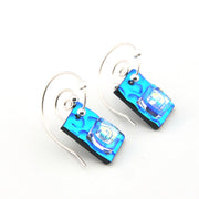Blue rectangular earrings with silver hooks on a white background