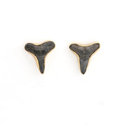 A pair of shark tooth stud earrings with dark gray to black textured inlays and gold-tone edges, displayed on a clean white background.