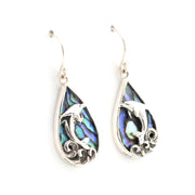 Teardrop-shaped earrings with abalone shell inlay on a white background