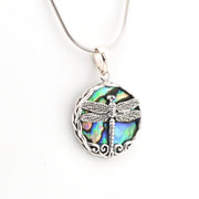 Silver necklace with a dragonfly pendant on a white background