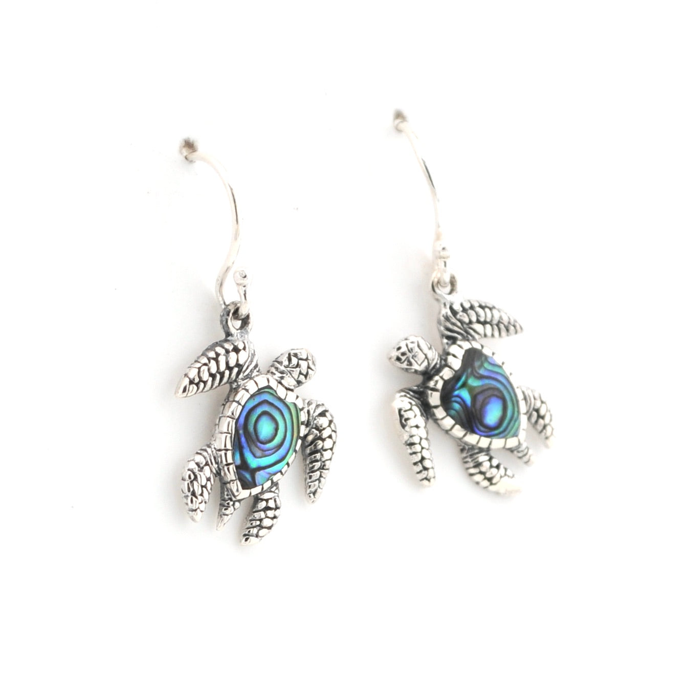 Turtle-shaped earrings with abalone shell centers on a white background