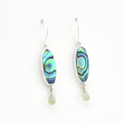 Handmade Sterling Silver Abalone Shell Prehnite Dangle Earrings on white background