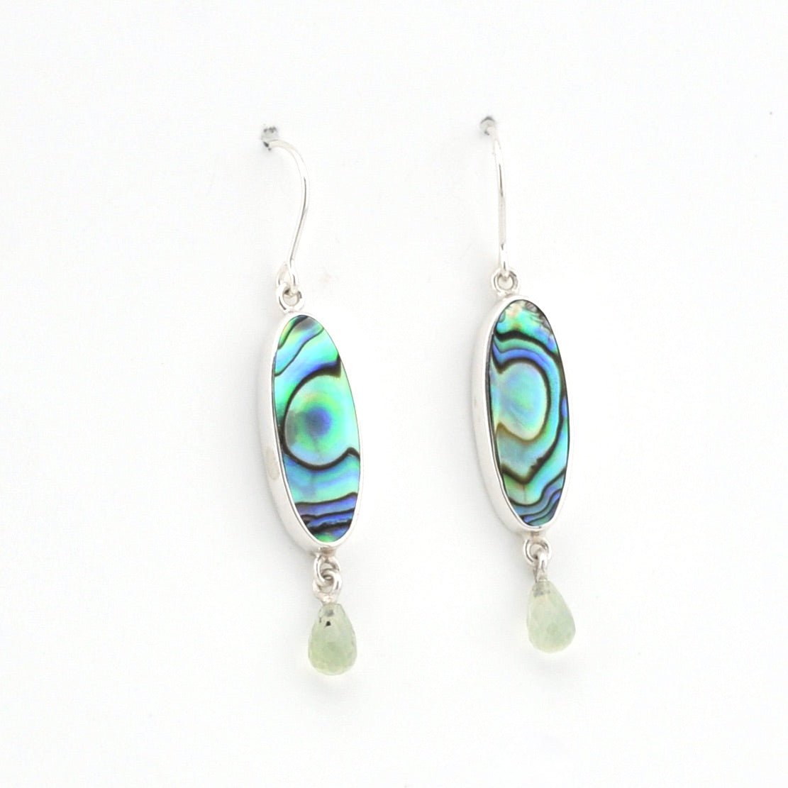 Handmade Sterling Silver Abalone Shell Prehnite Dangle Earrings on white background