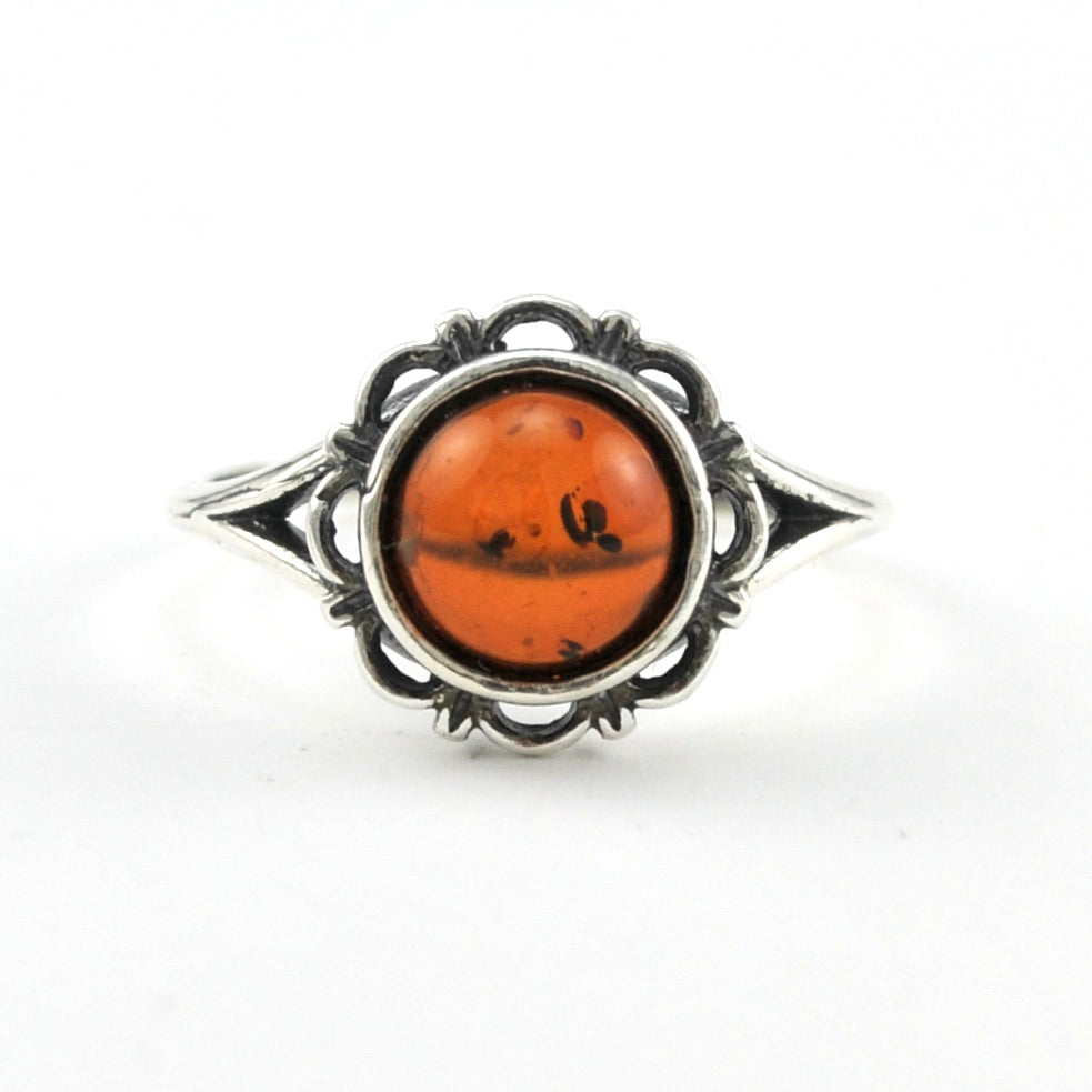 Alternate View Silver Amber Round Stone Ring