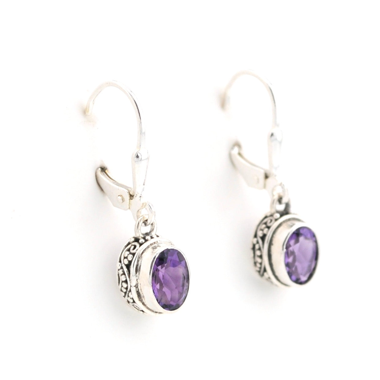 Alternate View Silver Amethyst 5x7mm Oval Bali Dangle Earrings