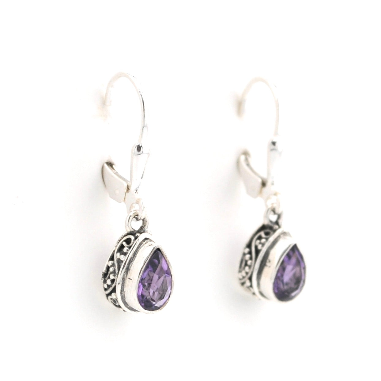 Alternate View Silver Amethyst 5x7mm Tear Bali Dangle Earrings
