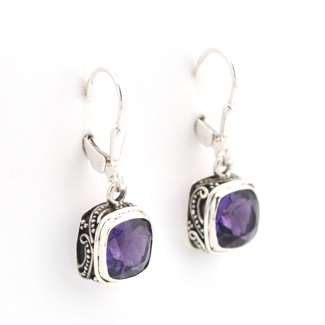Alternate View Silver Amethyst 8mm Square Bali Dangle Earrings