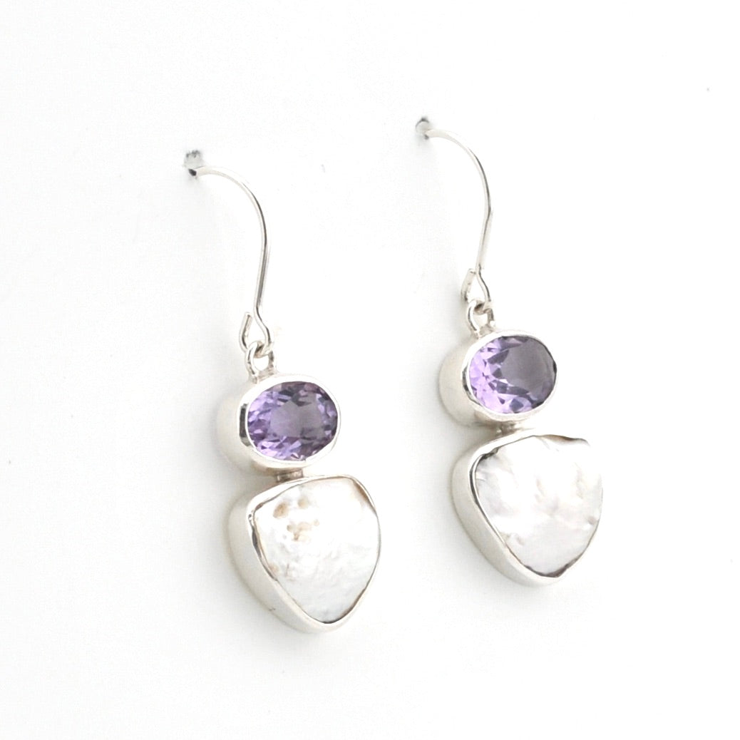 Silver Amethyst Keshi Dangle Earrings on white background